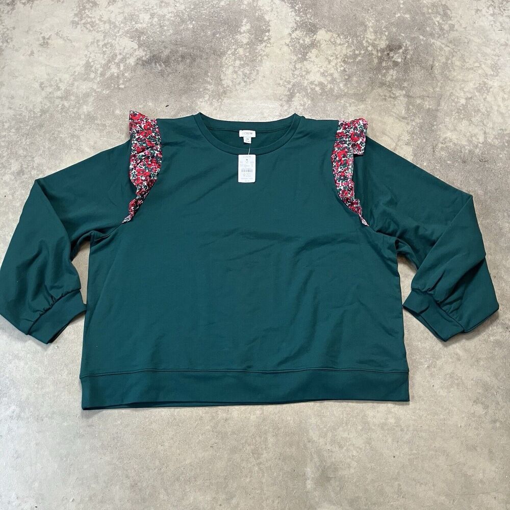 J. Crew Sweatshirt Womens 3X Green Ruffle Floral Sleeve Holiday Round‎ Neck